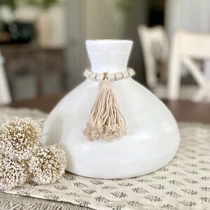 White Wood Vase with Bead Garland